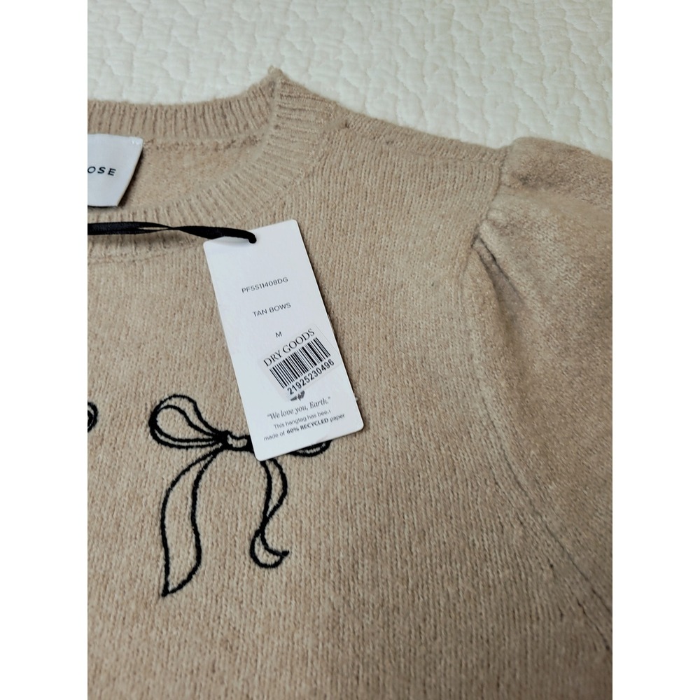 Pink Rose Short Sleeve Sweater Womens Sz M Tan Embroidered Bows Puff Sleeve NEW - Picture 9 of 13